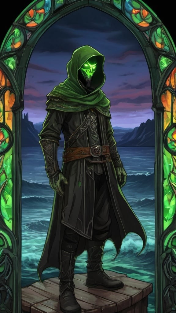 Prompt: A cryptic and majestic corpse reanimated with glowing green arcane runes and channels running across their decayed skin. He is wearing baggy black clothes and a green bandanna. He is standing on a pier overlooking a vast sea with a ruined castle in the distance. Vector style, color enhance