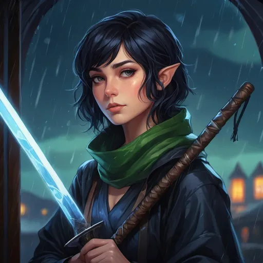 Prompt: A short female elf with messy thick short black hair wearing baggy black clothes with a long navy scarf. She is drawing a Glowing blue katana and is surrounded by a thick stormy rain with floating vibrant green lights piercing through. Vector style, deep colors, rtx enabled