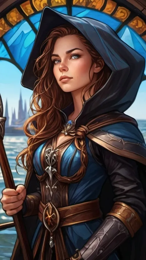 Prompt: A small suntanned storm sorceress with brown hair and an oversized black cloak that billows in the wind. She wields a long slender glowing blue blade with runes etched on the intricate blade. she stands proudly on the mast of a medieval sailing ship. dungeons and dragons style ,high contrast, color enhance