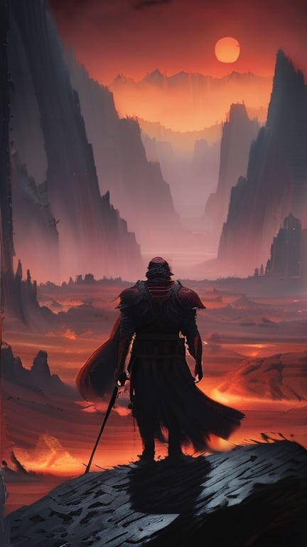 Prompt: A lone figure wearing tattered bloody rags on top of jagged steel armor walks determined through a shattered landscape surrounded by active Lava and overcast with a smokey sky and a red moon. Airbrush