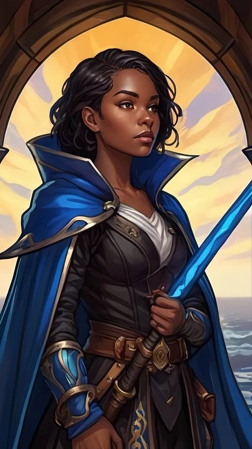 Prompt: A young darkskinned storm sorceress with short black hair wearing an oversized black cloak that billows in the wind and baggy pirate clothes. She wields a long slender glowing blue sword wreathed in floating lightning and liquid blue energy. she stands proudly on the mast of a medieval sailing ship. dungeons and dragons style ,high contrast, color enhance
