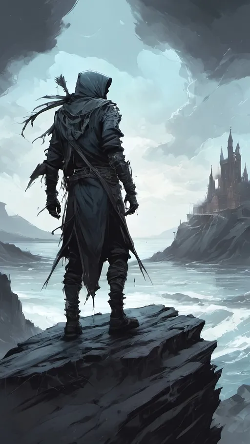 Prompt: A cryptic and majestic corpse reanimated with glowing White arcane runes and channels running across their decayed skin. He is wearing baggy black clothes and a blue bandanna. He is standing on a stone outcrop overlooking a vast sea with a ruined castle in the distance. High contrast, color enhance