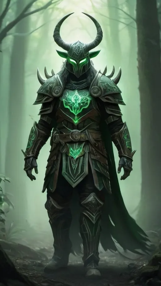 Prompt: A tall male druid paladin wearing intricate green runic armor covered with bone shards with an ambient glowing mist. He has a full face helmet with long organic horns. color enhance, high contrast, fantasy style