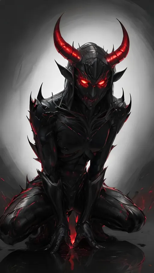Prompt: A mass of shiny black ink and reflective smooth oil in a fathomless hunched form with horns and glowing red eyes. Grasping desperately for their life. Enhance reflections, Color enhance, high quality, Horror