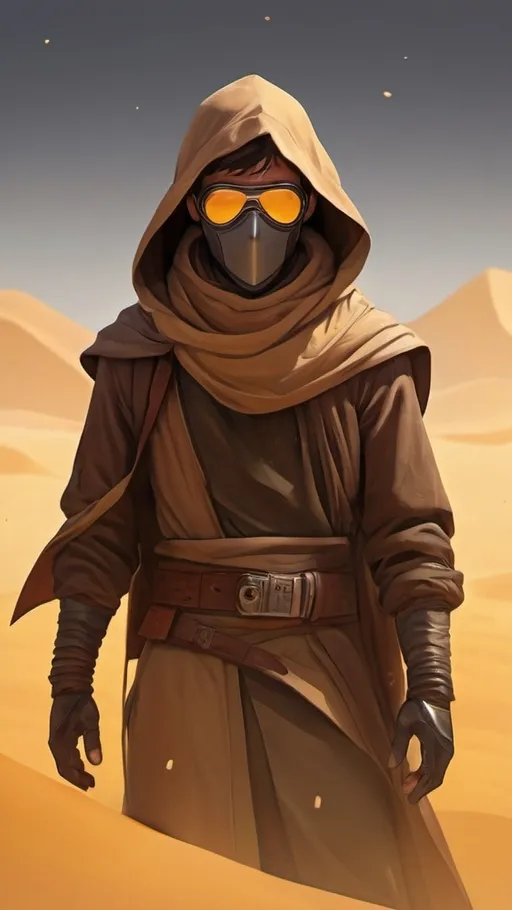 Prompt: A short male sand-bender bandit in baggy brown clothes with a tan desert scarf and desert-goggles and a hood is surrounded by countless golden sand particles and shards of broken glass floating ominously in the air around him. He is standing in the middle of a pale golden desert storm. Vector Style, Color enhance, high contrast, Fantasy Style