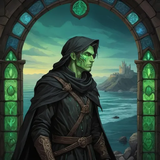 Prompt: A cryptic and majestic corpse reanimated with glowing green arcane runes and channels running across their decayed skin. He is wearing baggy black clothes and a green bandanna. He is standing on a stone outcrop overlooking a vast sea with a ruined castle in the distance. Vector style, color enhance