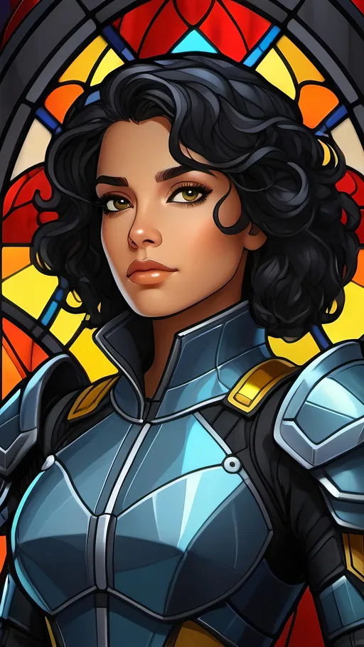 Prompt: A short young female agent wearing nanotech armor. She has Hispanic features and curly black hair. She has a quiet but malicious personality hidden behind a kind face. Greyscale, Fantasy style, Vector Style, color enhance