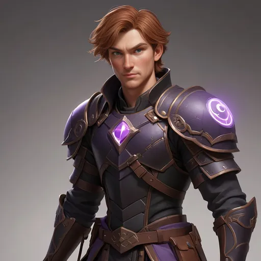 Prompt: A lanky male Caucasian paladin with short brown hair, dull black copper armor with a glowing purple rune on the chestplate. He is holding a long glowing purple blade. Behance HD