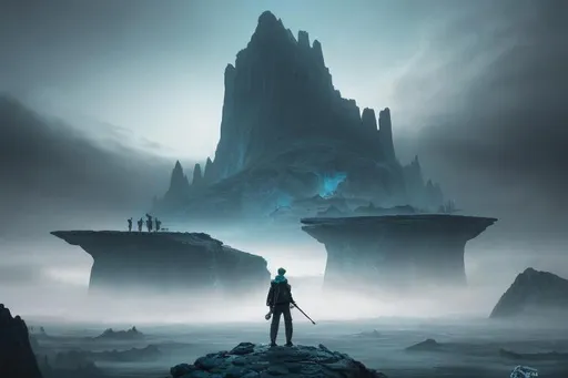 Prompt: A tall and lanky male humanoid is dwarfed by the great expanse of ralien terrain filled with desolate ruined buildings and empty space. He stands on a Rock amidst a series of islands floating detached in the air surrounded by an ethereal black and teal mist. behance HD