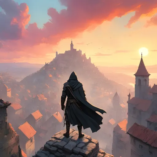 Prompt: A dramatic, high contrast scenic view of a medieval city with a lone assassin in a black cloak standing on the peak of a roof looking down on a mass of roaming citizens. Sunrise, color enhance, assassins creed