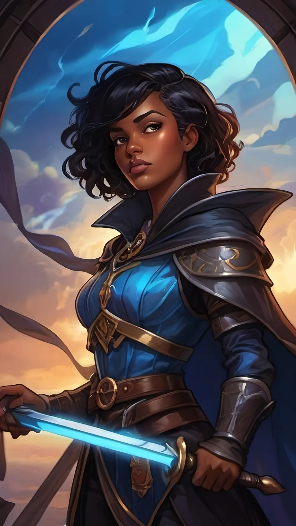 Prompt: A young darkskinned storm sorceress with short black hair wearing an oversized black cloak that billows in the wind and baggy pirate clothes. She wields a long slender glowing blue sword wreathed in floating lightning and liquid blue energy. she stands proudly on the mast of a medieval sailing ship. dungeons and dragons style ,high contrast, color enhance