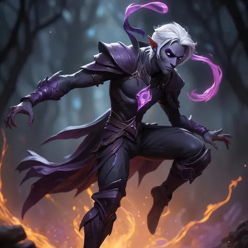 Prompt: A tall lank male drow elf suspended in the air. He is being consumed by liquid purple energy flowing out of his glowing eyes and the cracks in his black armor. He is surrounded by thick darkness and magical runes and floating purple fire. 
Behance HD
