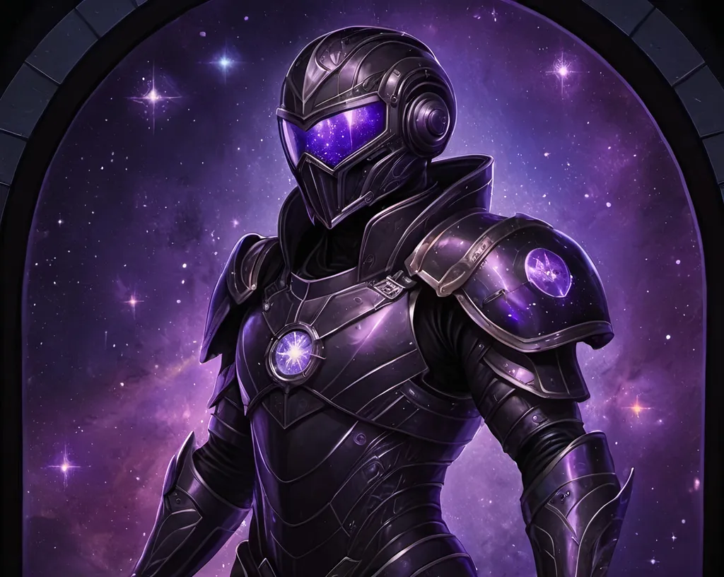 Prompt: A futuristic lanky male warrior Floating aimlessly in the dark depths of space. He is wearing intricate organic black nanotech armor with a black helmet which reflects the plentiful stars and galaxies in the blackened night. He is holding deep purple gauntlets. Color enhance, High contrast, vector style, enhance reflections