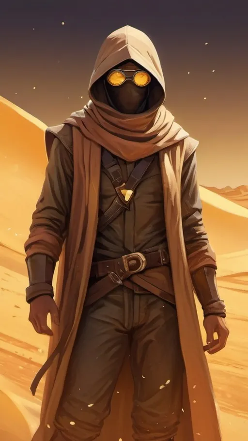 Prompt: A short male sand-bender bandit in baggy brown clothes with a tan desert scarf and desert-goggles and a hood is surrounded by countless golden sand particles and shards of broken glass floating ominously in the air around him. He is standing in the middle of a pale golden desert storm. Vector Style, Color enhance, high contrast, Fantasy Style