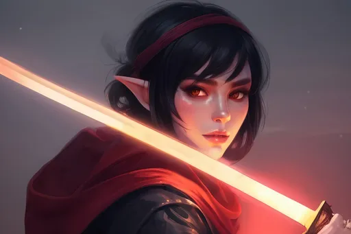 Prompt: A short female elf with messy thick short black hair wearing baggy black clothes with a long maroon scarf. She is drawing a Glowing crimson katana and is surrounded by a thick misty fog with floating vibrant crimson lights piercing through. Vector style, deep colors, rtx enabled