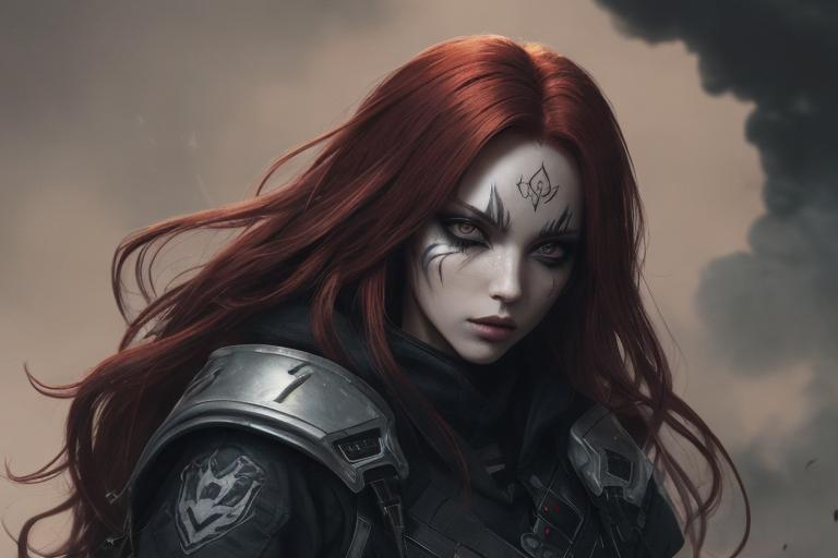 Prompt: a Caucasian woman with wild long red hair in baggy black clothes. Her face is covered in warframe-metallic-silver-tattoos surrounding one eye. The sky is dark and filled with ash and smoke. Behance hd,