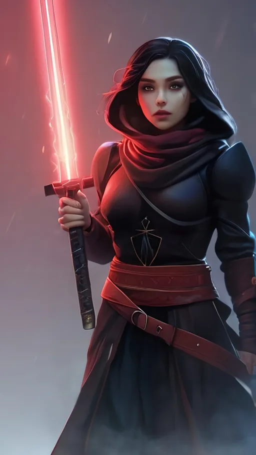 Prompt: A short female elf with short black hair wearing baggy black clothes with a long maroon scarf. She is drawing a Glowing crimson katana and is surrounded by a thick misty fog with floating vibrant crimson lights piercing through. Vector style, deep colors, rtx enabled