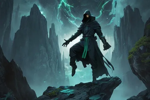 Prompt: An abnormally tall and lanky male humanoid hunched forward wearing baggy black clothes. his face is covered with a metal mask with beady glowing Green eyes under a black hood. He stands on a Rock amidst a series of islands floating in the air surrounded by an ethereal black and teal mist. behance HD