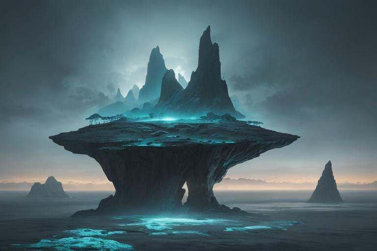 Prompt: A tall and lanky male humanoid is dwarfed by the great expanse of alien terrain. He stands on a Rock amidst a series of islands floating detached in the air surrounded by an ethereal black and teal mist. behance HD