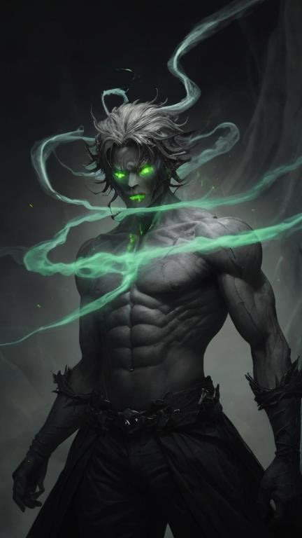 Prompt: A clump of swirling green biomass and grey bone tendrils in a generally male humanoid shape, transforming, shifting and churning into a normal male human. He is radiating Thick black smoke with orange light shining out of the cracks.
