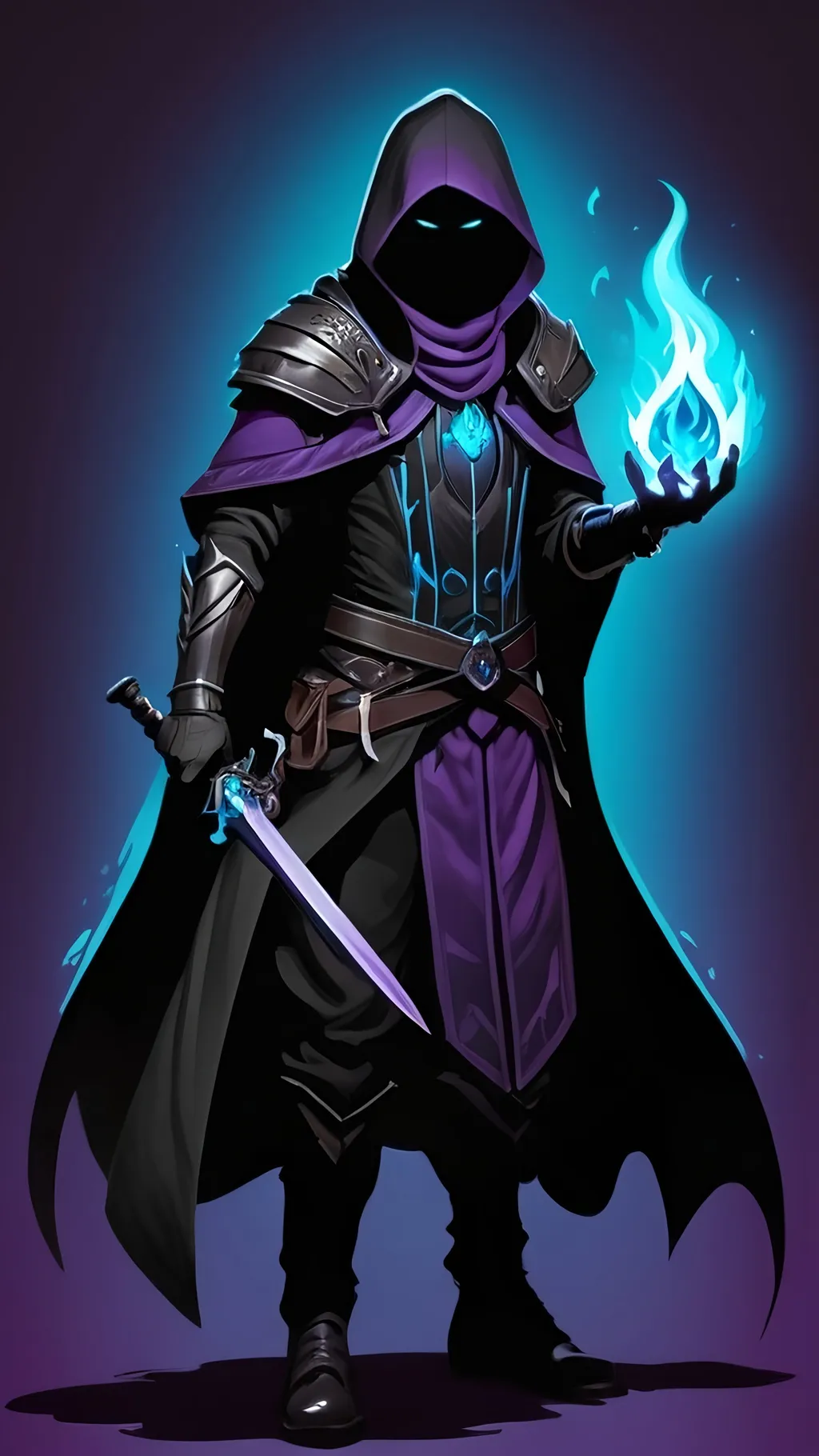 Prompt: A former drow slave turned shadow sorcerer. The young boy has obsidian black skin and marble white hair. He wears a tattered black cloak, leather armor and a hood to cover his face. His power manifests as liquid purple and cyan flames that hover around him. The shadows around him shift and change showing anger despite his emotionless face. Vector Style, Color Enhance, High contrast