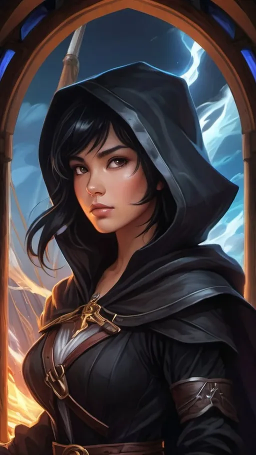 Prompt: A young Filipino storm sorceress with short black hair wearing a black cloak that billows in the wind with an oversized hood and baggy pirate clothes. She wields a long slender glowing white katana wreathed in floating lightning and liquid white energy. she stands proudly on the mast of a medieval sailing ship. dungeons and dragons style ,high contrast, color enhance