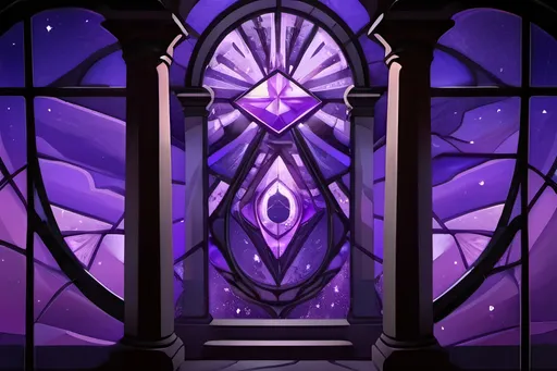 Prompt: A swirling mass of stars and galaxies in a glowing square purple portal between two obsidian pillars leaking purple light through the shattered black cracks. Vector Style, Color Enhanced