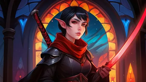 Prompt: A short female elf with short black hair wearing baggy black clothes with a long maroon scarf. She is wielding a Glowing crimson katana and is surrounded by a thick misty fog with floating vibrant crimson lights piercing through. Vector style, Color Enhance