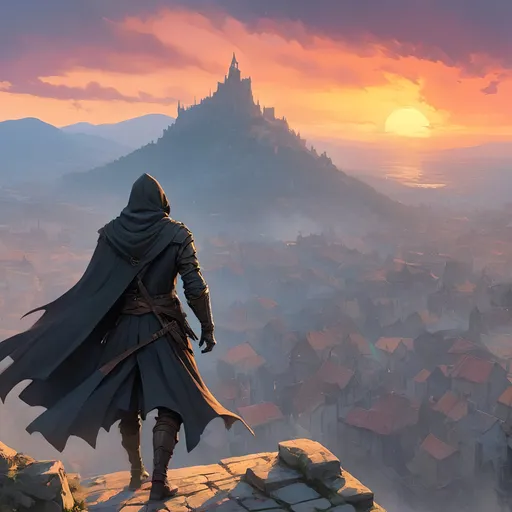Prompt: A dramatic, high contrast scenic view of a medieval city with a lone assassin in a black cloak standing on the peak of a roof looking down on a mass of roaming citizens. Sunset, color enhance, assassins creed