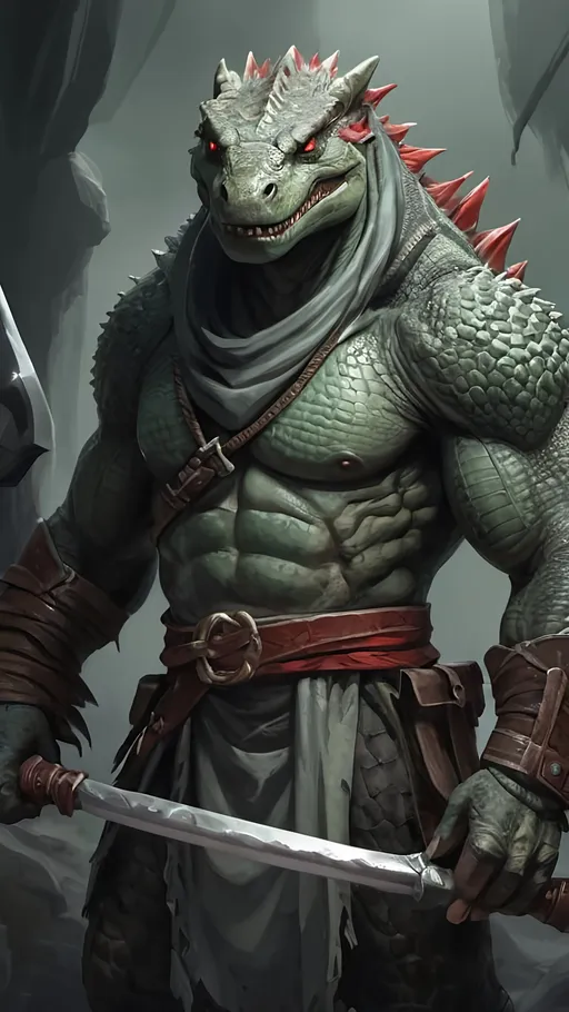 Prompt: A Grey lizardman barbarian with pale green scales, red fins, a long toothy crocodile maw hunched over with baggy brown clothes. epic fantasy style, concept art, matte color, greyscale