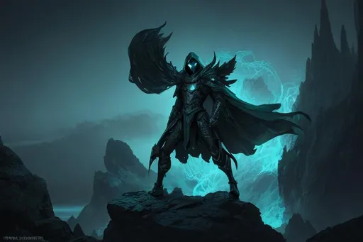 Prompt: An abnormally tall and lanky male humanoid hunched forward in nanotech armor. His face is covered with a metal mask with beady glowing Green eyes under a black hood. He stands on a Rock amidst a series of islands floating in the air surrounded by an ethereal black and teal mist. behance HD
