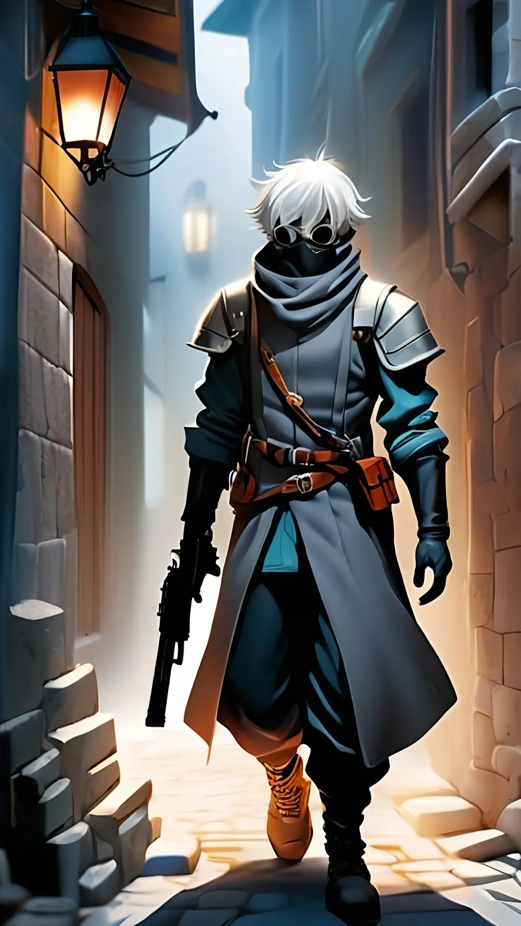 Prompt: A young lanky male artificer with a grey mechanical-full-face-mask covering his eyes and is missing his right arm. He has short white hair and a plethora of guns. He is lurking in the depths of a medieval alleyway. Fantasy style, Vector style, high contrast, color enhance
