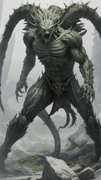 Prompt: A clump of swirling green and grey biomass and bone tendrils in a generally male humanoid form with long sharp claws.