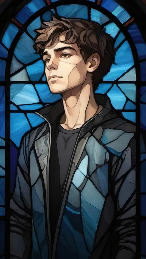 Prompt: A grey and black silhouette in a shattered stained glass window with highlights of blue in the form of a young male that used to be there. nothing but empty space is left behind. Fantasy style, Vector Style, color enhance