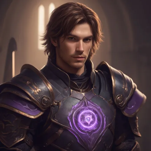Prompt: A lanky ragged male Caucasian paladin with short brown hair, dull black copper armor with a glowing purple rune on the chestplate. He is holding a long glowing purple blade. Behance HD