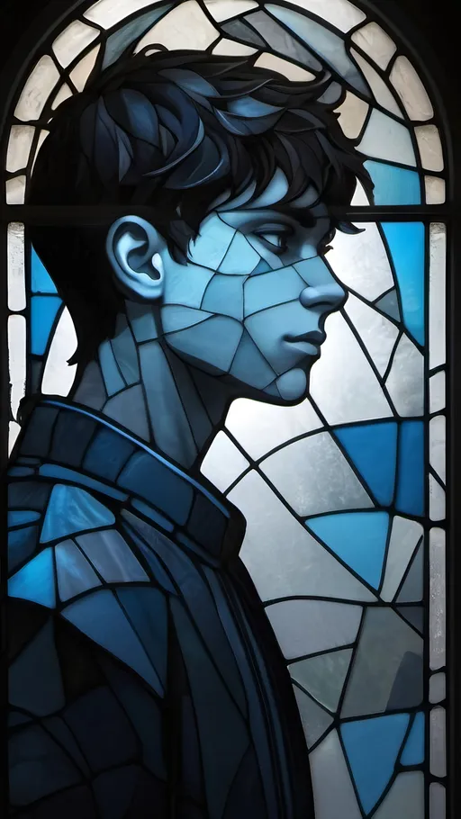 Prompt: A grey and black silhouette in a shattered stained glass window with highlights of blue in the form of a young male that used to be there. nothing but empty space is left behind. Fantasy style, Vector Style, color enhance