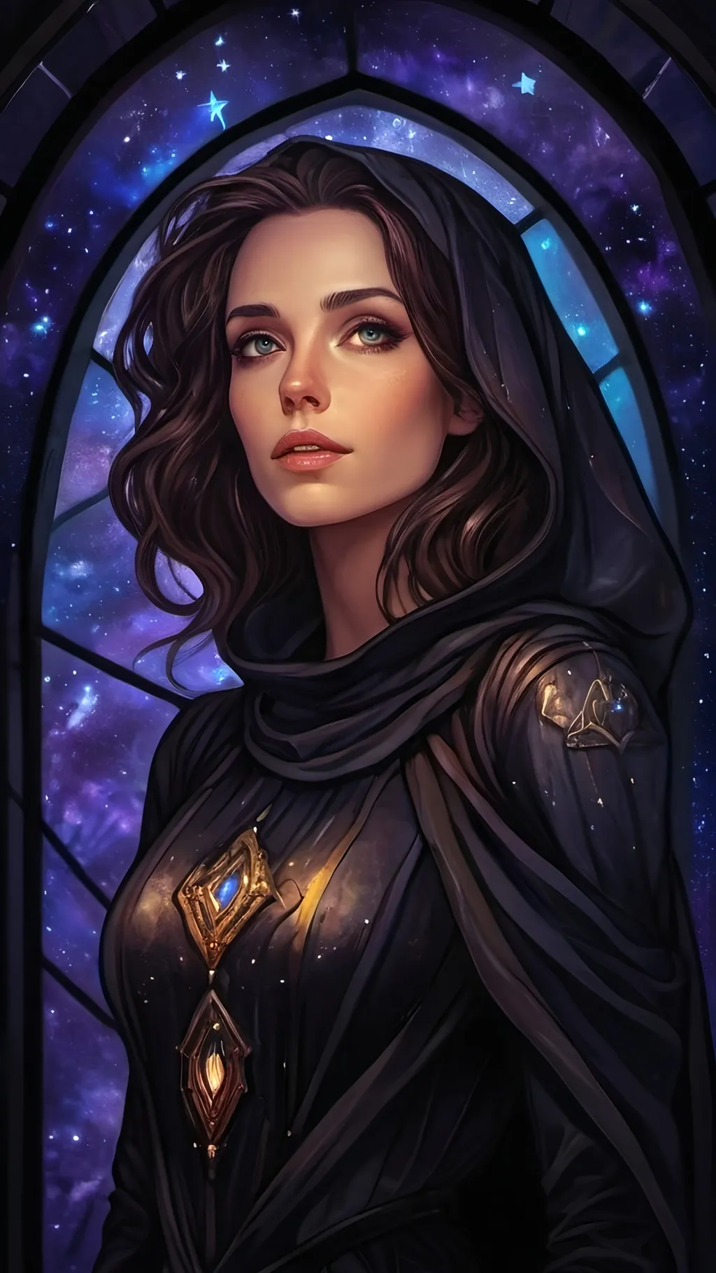 Prompt: A futuristic lanky elegant female seer Floating aimlessly in the dark depths of space. She is wearing an intricate organic baggy black dress with a black cowl. There are plentiful stars and galaxies in the blackened night. Color enhance, High contrast, vector style, enhance reflections