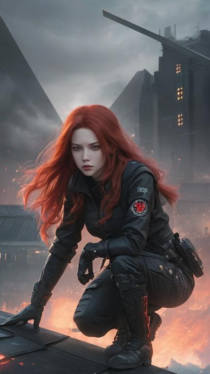 Prompt: a Caucasian woman with long red hair in baggy black clothes with two knives crouching on the tip of a roof overlooking a sprawling dystopian fantasy city. She is surrounded with glowing red crystals. the sky is dark and ash and smoke. Behance hd,