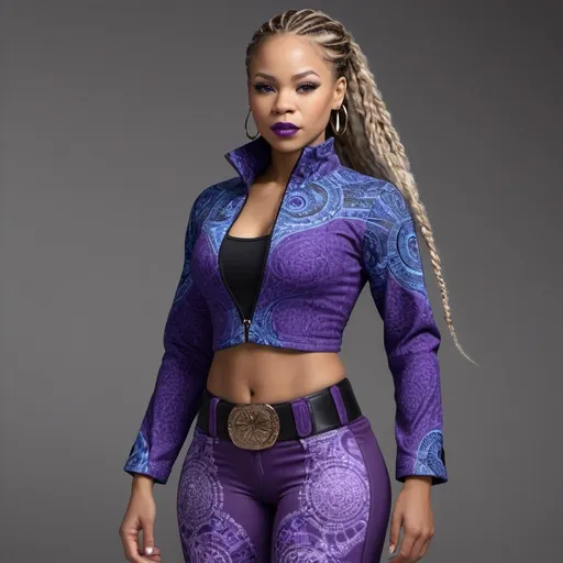 Prompt: /imagine prompt:a hyper realistic 45 year old biracial african anerican woman with very light tan skin complexion, she is wearing a three quarter length purple and blue fractal pattern design jacket with a collar and a black corset triple buckle center piece belt fastener around the waistline of the jacket. She has long, honey blonde twisted braided hair, long eye lashes she's wearing dark magenta lipstick, she has light brown eyes and she's wearing purple polyester cotton fabric pants with a drawstring waist with bootcut bottoms. She's wearing black Nike gym shoes with a purple and blue fractal design print on the gym shoes.