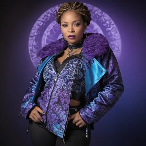 Prompt: a hyper realistic 45 year old biracial african anerican woman with very light tan skin complexion, she is wearing a  fau leather purple and blue fractal pattern design jacket with a collar and a black corset triple buckle center piece belt fastener around the waistline of the jacket. She has long, honey blonde twisted braided hair, long eye lashes she's wearing dark magenta lipstick, she has light brown eyes and she's wearing purple polyester cotton fabric pants with a drawstring waist with bootcut bottoms. She's wearing black Nike gym shoes with a purple and blue fractal design print on the gym shoes.