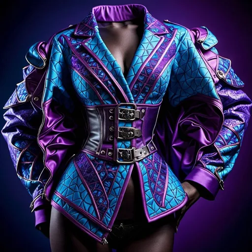Prompt: a hyper realistic 45 year old biracial african anerican woman with very light tan skin complexion, she is wearing a  fau leather purple and blue fractal pattern design jacket with a collar and a black corset triple buckle center piece belt fastener around the waistline of the jacket. She has long, honey blonde twisted braided hair, long eye lashes she's wearing dark magenta lipstick, she has light brown eyes and she's wearing purple polyester cotton fabric pants with a drawstring waist with bootcut bottoms. She's wearing black Nike gym shoes with a purple and blue fractal design print on the gym shoes.