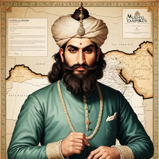 Prompt: "Create a promotional image featuring portraits of Aurangzeb along with a detailed map of the Mughal Empire."