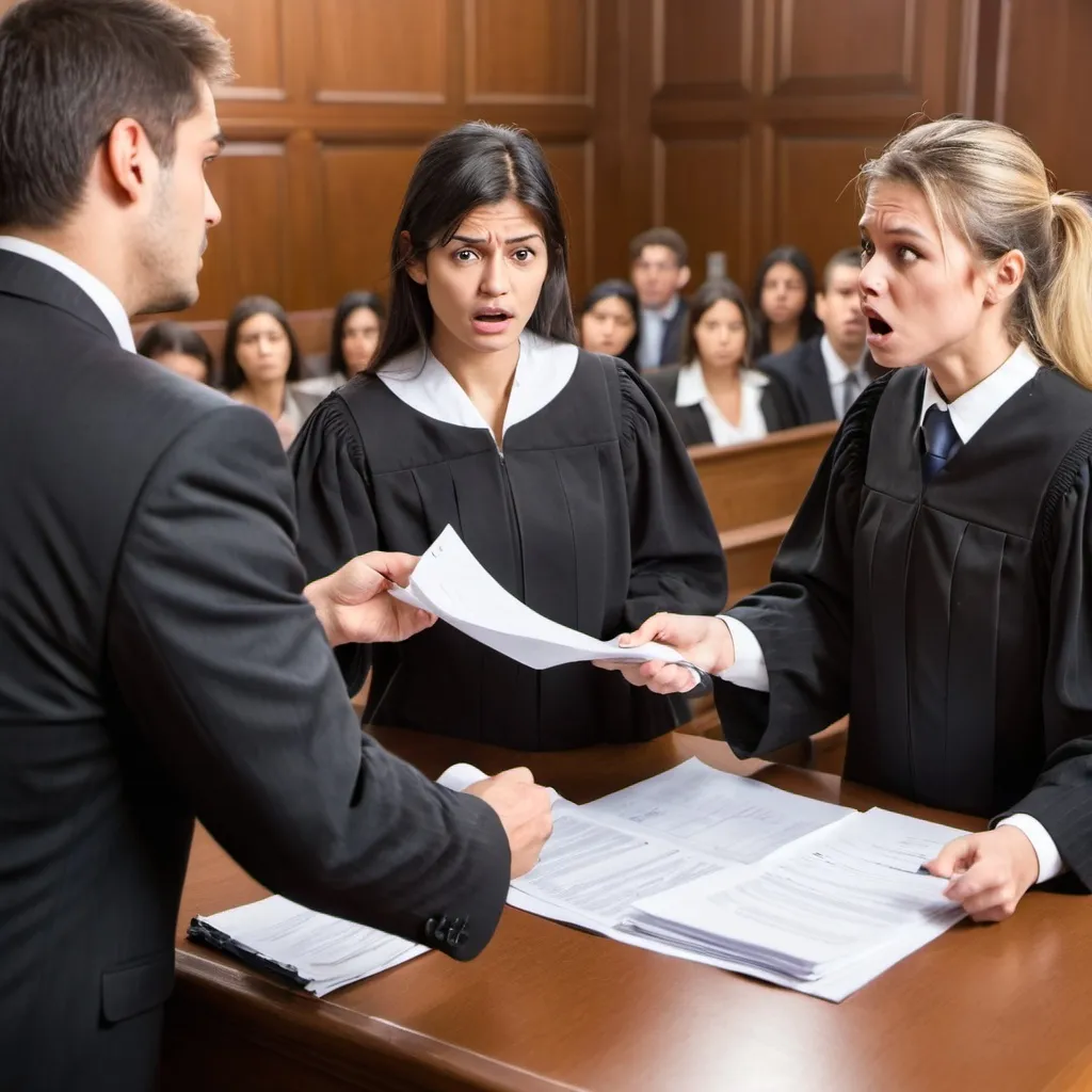 Prompt: Lawyers arguing in court and handling case paperwork.