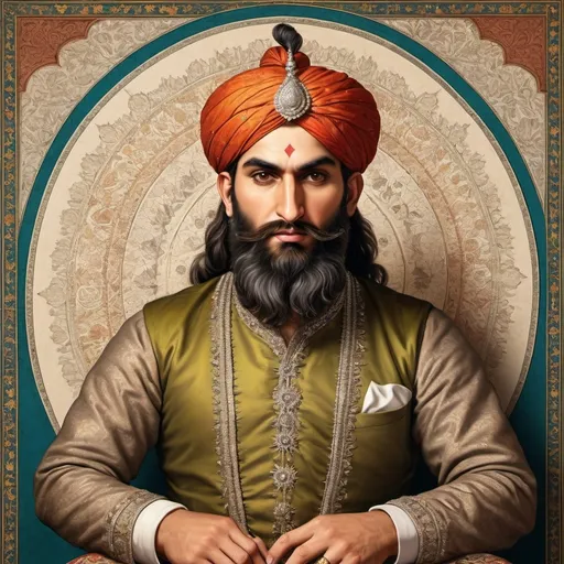Prompt: "Create a promotional image featuring portraits of Aurangzeb along with a detailed map of the Mughal Empire."