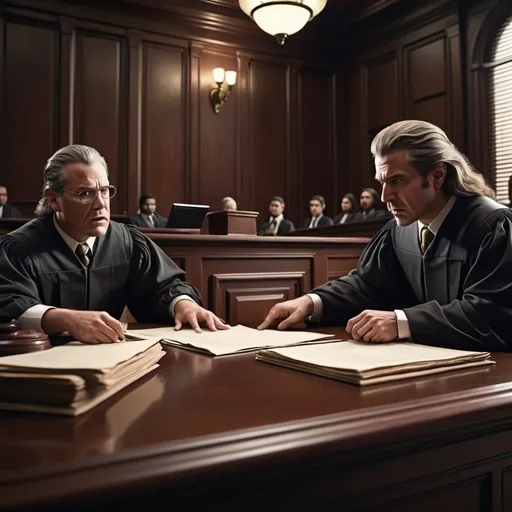 Prompt: Lawyers arguing in court and handling case paperwork.