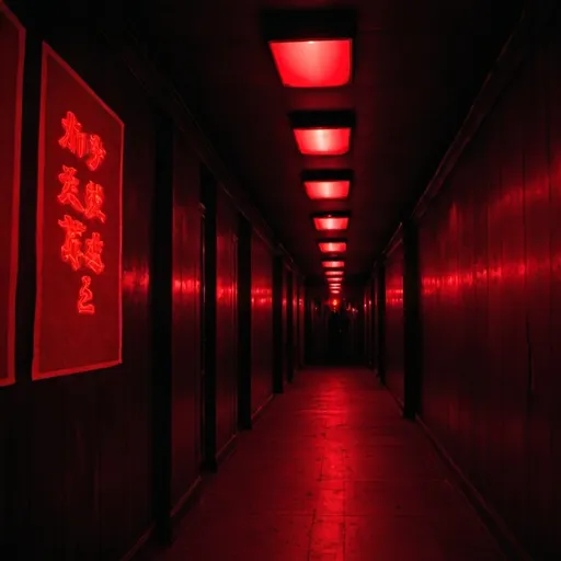 Prompt: Dim, deep, and serious images of the red light area.