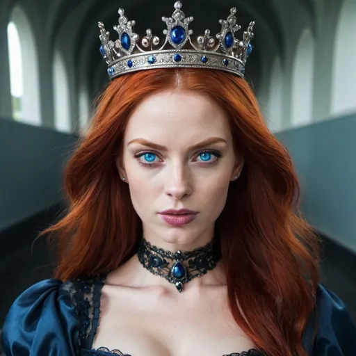 Prompt: Red head
Blue eyes
Women
Queen 
Evil