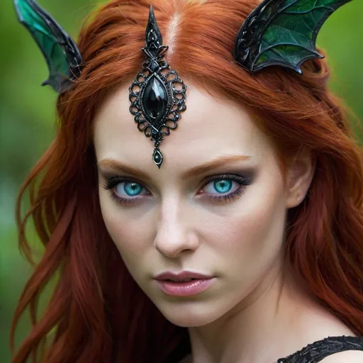 Prompt: Red head
Blue eyes
Women
Queen 
Evil
Fantasy 
Fae
Green
Black  