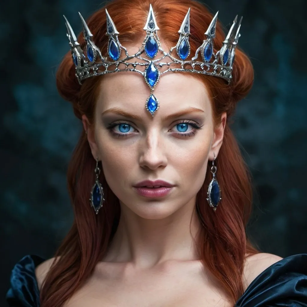 Prompt: Red head
Blue eyes
Women
Queen 
Evil
Fantasy 