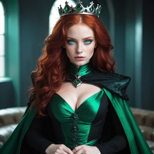 Prompt: Redhead
Women
Blue eyes
Full body
Green
Black 
Villain 
Queen 